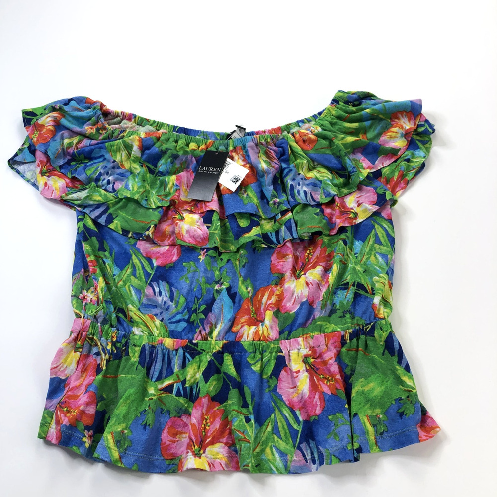 Lauren Ralph Lauren NEW Large Off Shoulder Tiered Pullover Top Blouse Floral